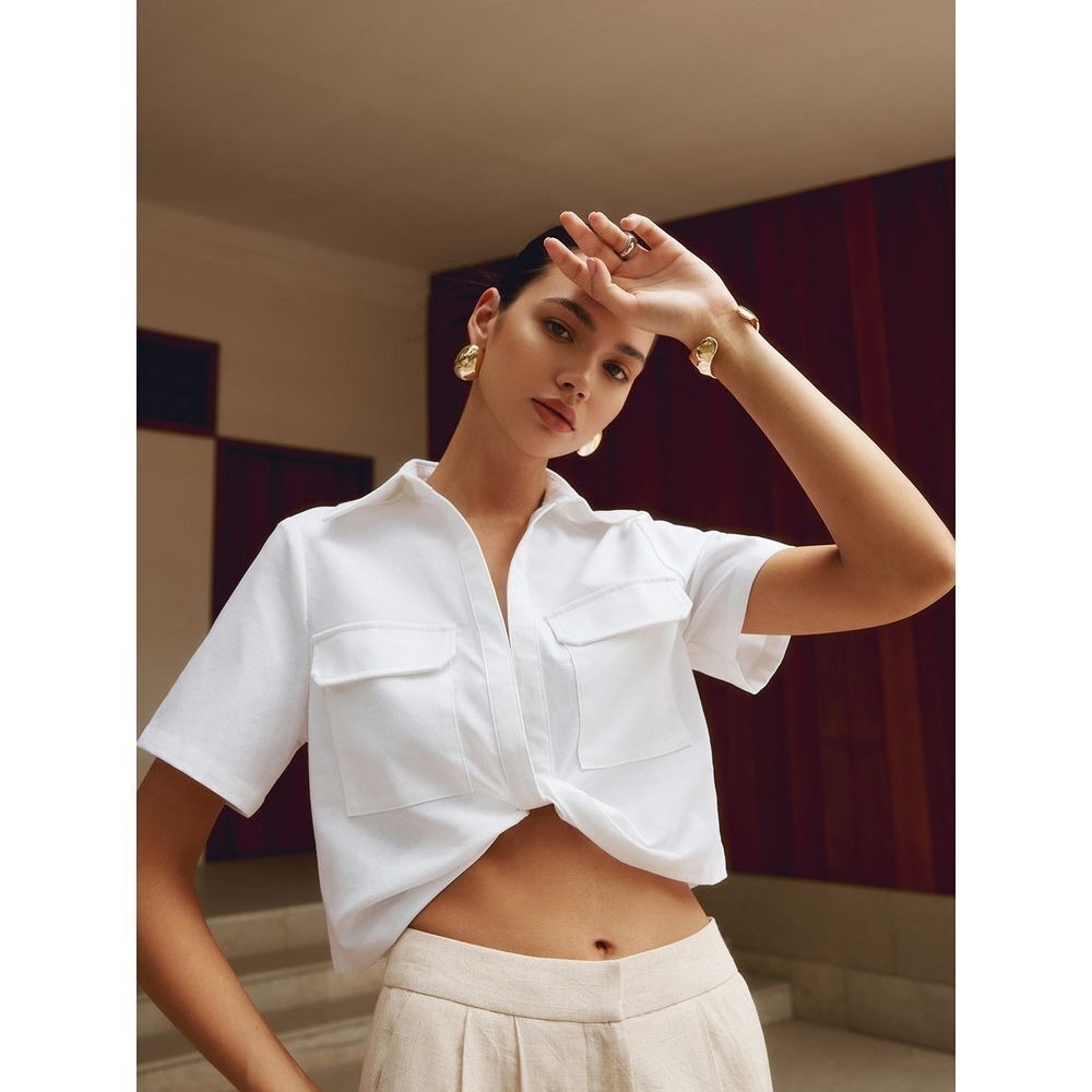 Commense‎ Cotton & Linen Chic White Cropped Shirt Summer Resort Vacation Top L